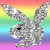 Pixelated silver bunny icon with black eyes on rainbow gradient background, displayed in three variations showing different poses.