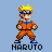 Pixelated character in orange jumpsuit with blue accents stands against light blue background, text 'NARUTO' below.