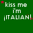 Green background with repeated white text 'kiss me i'm ¡ITALIAN!' and red star accents in a