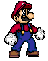 Pixel art of a character in red shirt, blue overalls, white gloves, brown shoes, and red cap walking left to right across gray background.