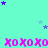 Cyan background with repeating pink 'xoxo' text and scattered purple and light blue stars.