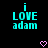 Pixelated cyan text 'i LOVE adam' on black background with pink heart symbols below.