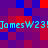 Pixelated text 'JamesW23' repeats across a of red and blue squares with cyan lettering