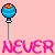 Pixelated blue lollipop with red and yellow top on gray stick, pink text 'NEVER GROW UP' below, repeated in three positions against light pink background.