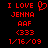 Red pixelated text and symbols on black background, two side-by-side versions of identical text with one symbol change, dated 1/16/09.