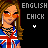 Pixelated character with long brown hair wearing Union Jack shirt, orange sunglasses, and layered necklaces; text "ENGLISH CHICK" above heart symbol.