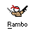 Pixelated character with red bandana, white face, brown torso, holding two guns against gray background; text below reads "Rambo".