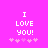 A bright pink background displays the text "I LOVE YOU!" in white pixelated letters with a of five light pink hearts below