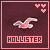 A 4x4 contact sheet of pixelated animated frames featuring a pink seagull logo, heart symbols, and the word "HOLLISTER" in various color schemes against a dark brown background.