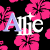 Animated icon with repeating pink hibiscus flowers on black background, white text 'Alie' with blue dot over 'i', and a gray rectangle in bottom-right corner.