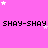 Pixelated pink background with repeated black text 'SHAY-SHAY' and scattered white stars, partially obscured by a gray rectangle.