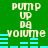Green background with repeated text 'pump up da volume' and blue horizontal bars, showing animation changes in bar heights.