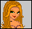 Pixelated image of a woman with long orange hair and green eyes, next to a smiley face and the text 'BITCH' in block letters.