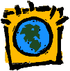 Four identical yellow frames with black borders and jagged top edges, each containing a circular globe with green landmasses on different colored backgrounds.