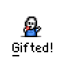 Animated contact sheet of a pixel art character with blue shirt and red hand gesture, showing multiple frames with text bubbles and particle effects.