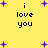 Yellow background with purple plus signs and black text reading "i love you" in pixelated font.
