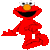 A 50x50 pixel animated contact sheet showing three frames of a Sesame Street character with red text and partial English phrases on a gray background.