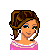 Animated contact sheet of a pixel-art character in pink attire with multiple expressions, poses, and text variations across 20 frames.