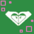 Green background with heart-shaped icon and colored squares; text 'Roxy' appears in pink and blue.