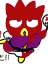 Red cartoon character with spiky hair, yellow beak-like mouth, white eyes, purple robe, and black belt holding a silver object.