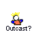 Pixelated character with yellow spiky hair, white face, orange torso, blue arms, and black outline on gray background with text variations.