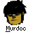 Pixelated cartoon head with black hair and yellow skin, wearing dark glasses, below stylized text reading 'murdoc' on gray background.