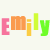 Pixelated text spelling 'Emily' in alternating pink, orange, yellow, and green letters on a white background, with two identical stacked vertically