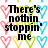 Pixelated text reads 'There's nothin' stoppin' me from goin' out with all of your best freindns!' over a background of repeating heart outlines in pink, yellow, green, and cyan.