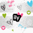 Pixelated icon with three name labels and scattered heart/music symbols on a light gray background.
