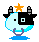 Pixel art cow head icon with black-and-white face, blue body, purple nose ring, and star on top across four animation frames showing color variations in the star and base.