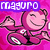 Pixelated pink cartoon character with closed eyes and a smile, wearing dark purple clothing with white accents on a bright pink background.