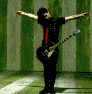 Animated sequence showing a person in black clothing with red stripe holding guitar, arms extended against green striped background.