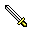 Six pixelated swords with white blades and black outlines arranged in two on a gray background, each with distinct colored hilts