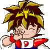 Pixelated character with spiky brown and yellow hair, red shoulder pads, white shirt with blue trim, covering mouth with hand in three distinct poses.