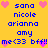 Yellow background with blue text and pink hearts arranged in a pattern, displaying names and phrases