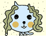 Light blue cartoon character with curly green hair, black eyes, and yellow cheeks in three poses: left-facing, right-facing, and squinting.
