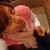 Animated sequence of a cartoon character with pink hair and brown fur-like features, showing head movement against a blurred background.