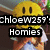 Pixelated image of a yellow cartoon character with two vertical black eyes, overlaid text reading 'chloeW259's Homies' in white block letters on black bars.
