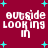 Maroon background with cyan plus signs and white pixelated text reading 'outside looking in' arranged in four quadrants.