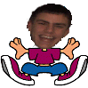 Cartoon figure with dark hair, magenta shirt, blue pants, and orange hands in a seated pose on white shoes with purple accents.