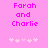 Pixelated text 'Farah and Charlie' in bright pink on a pink background with white flower icons below.