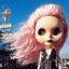 Pixelated static image of a doll face with pink hair and green eyes against a blue sky background, featuring a smaller figure in the distance.