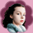 Pixelated image of a girl with dark hair and blue eyes in a light blue collar, transitioning to a swirling pink and white symbol on a pink background.