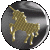 Circular icon with metallic silver background showing a golden unicorn in profile, head turned left to right.