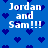 Blue background with white text "Jordan and Sam!!!" repeated four times, surrounded by dark blue pixelated hearts.
