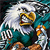 Pixelated image of a bald eagle with white head and tail, yellow beak, and brown body, holding a golden shield with red and white elements against a teal and black background.