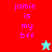 Pixelated text 'jamie is my bff' in pink on red and cyan backgrounds with a star icon changing from cyan to red.