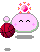 Pixelated pink character with closed eyes and blush marks, holding a red basketball, with a pink gem and yellow sparkles above its head on a gray background.