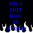 Blue pixelated text on black background with white flames at bottom, displaying 'HOLY SHIT FUCK IT BROKE!!' in two identical vertical