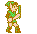 Pixelated character in green tunic and brown boots shown across three poses: standing with raised arm, lunging forward, and holding shield.